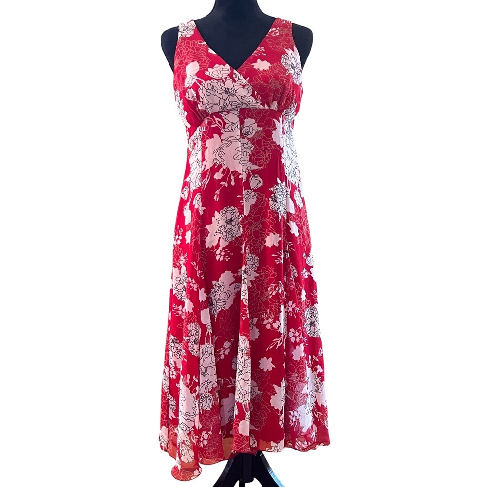 Jonathan Martin Studio Red Floral Chiffon Sleeveless Empire Waist Midi Dress 12
